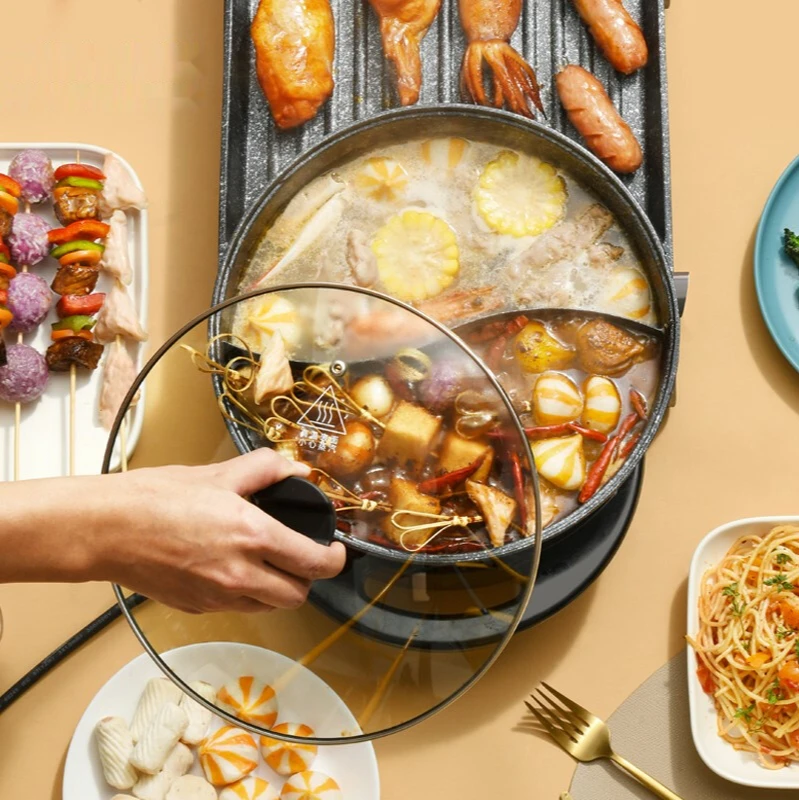 220V Multifunctional Pot Electric Hot Pot Electric Baking Pan Smokeless Maifan Stone Coating Baking and Rinsing Integrated Pot