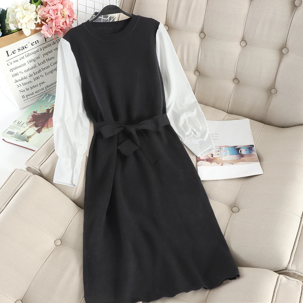 black SINGRAIN Women Long Sweater Dress Long Sleeves Casual Patchwork Fake Two Piece Plus Size Midi Dress Elegant Office Knitted Dress - Цвет: black