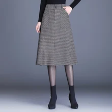 

Women Woollen Plaid A-Line Skirts Autumn Winter High Waist Pocket Warm Skirts Fashion Loose Hight Quality Female Skirts