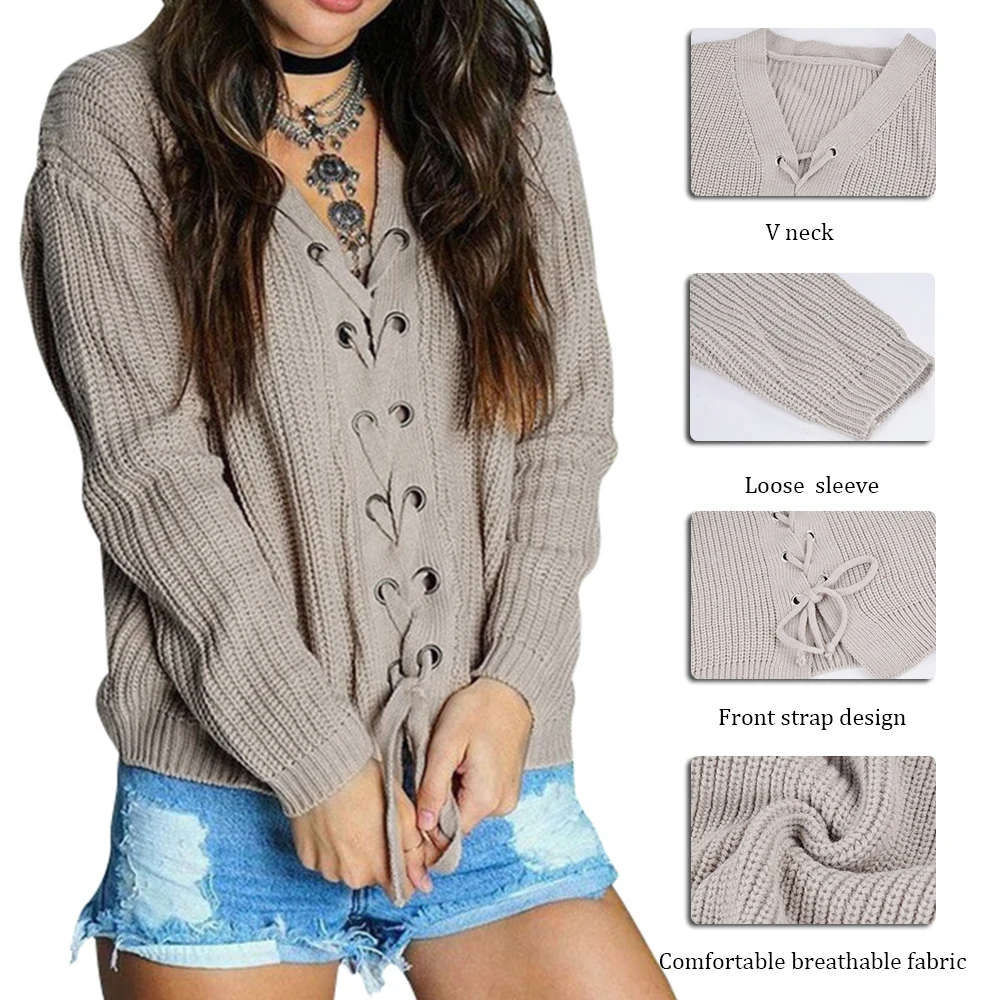 New Autumn Winter Knitted Sweater Women Solid Casual V Neck Drawstring Pull Femme Modish Slim Tricot Jumper Sexy Full Pullovers