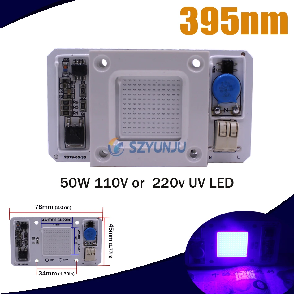 

50W Led COB UV Lamp Chip Smart IC 110V/220V 395nm 400nm DOB AC Ultraviolet +Heatsink+12V 1.25A LED Power