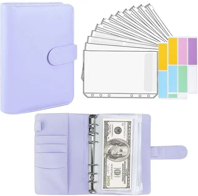 15 Pieces Binder Budget Planner Cash Envelope Binder with Budget Envelopes A6 Binder Pockets Cash Envelope Wallet for Budgeting Purple-14pcs
