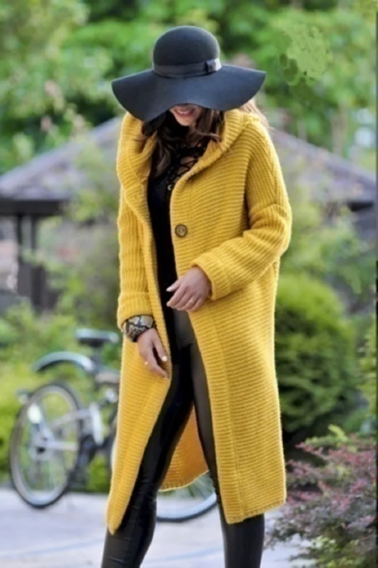 Зимний женский вязаный кардиган, пальто с капюшоном, пальто-свитер, женское однотонное пальто, толстая мягкая модная куртка, вязаный длинный кардиган - Цвет: Цвет: желтый