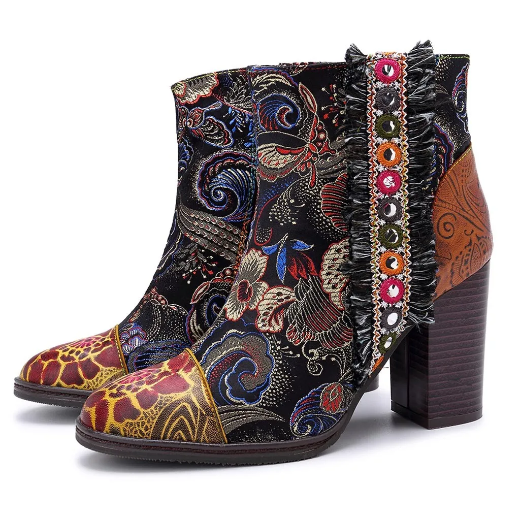 

New Women Ankle Boots Fashion Female Embossed Handmade Short Boots Lady Autumn Winter Stitching Zipper Thick Heel Shoes