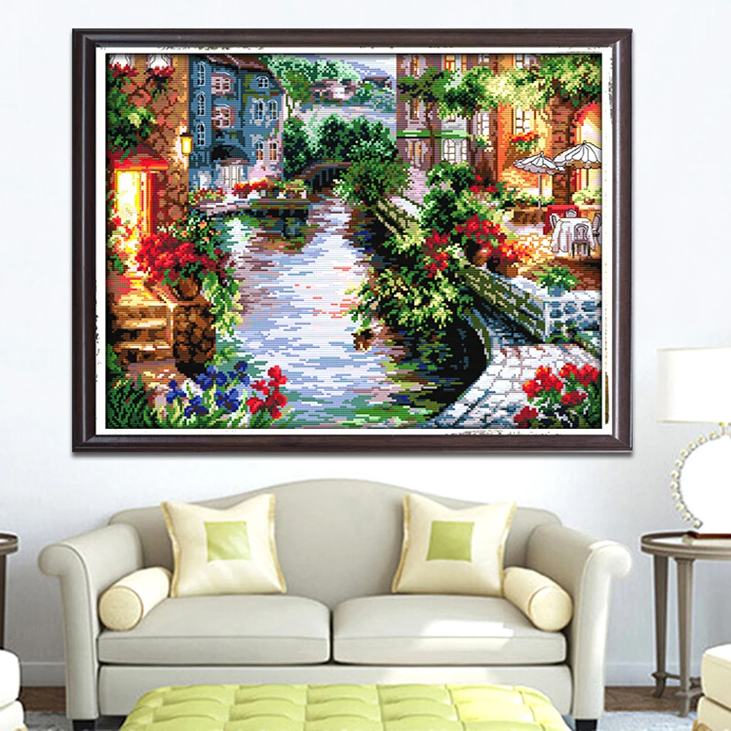 

NAIYUE Stamped Cross Stitch Kits Patterns Embroidery Kit The Lakeside House 14 Counted 48x40cm