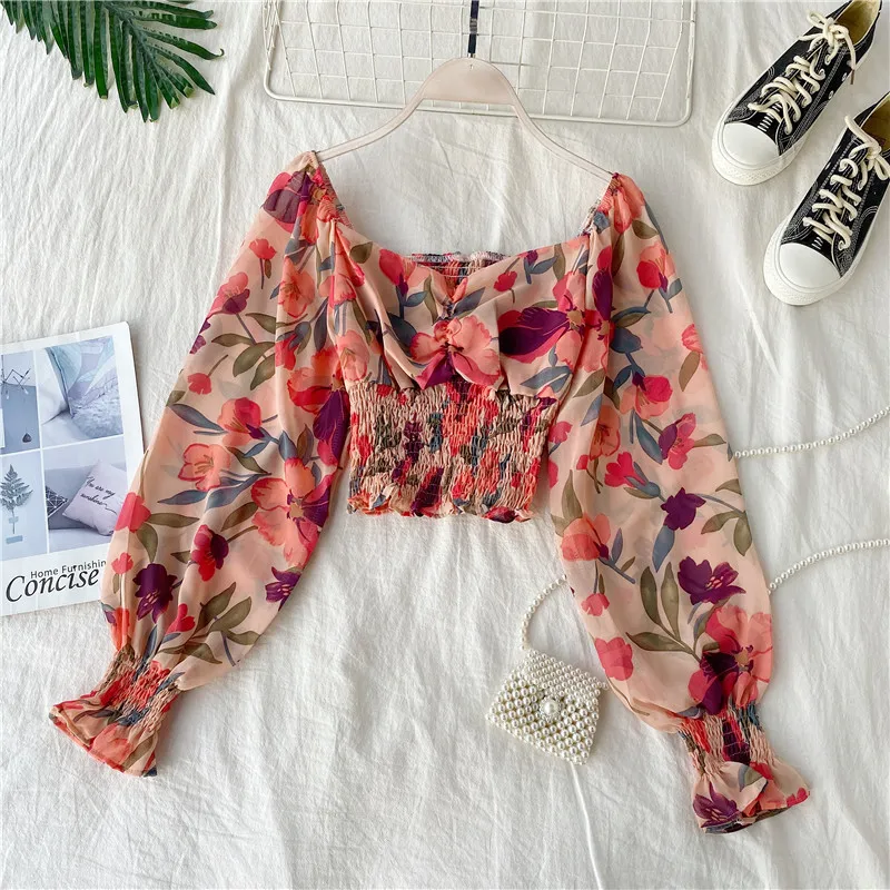 

Vintage Floral Chifffon Blouse Women Square Collar Off Shoulder Ruched Long Sleeve Shirt Summer 2020 New Elastic Waist Crop Tops