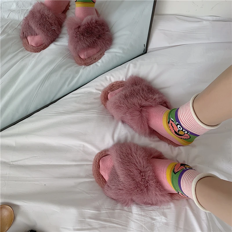 

Flock Shoes Woman 2019 Flat Slippers Pokemon Plush Loafers On A Wedge Luxury Slides Low New Fur Designer Wedges PU Rome Rubber