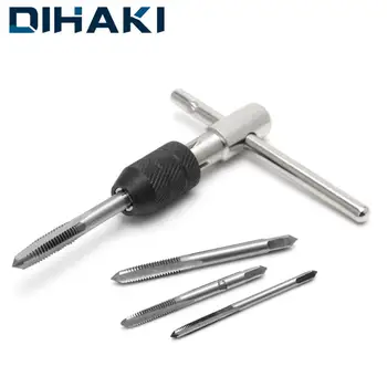 

T-Handle Ratchet Tap Holder Wrench with 4 pcs M3-M6 3mm-8mm Machine Screw Thread Metric Plug T-shaped Tap Silver Adjustable