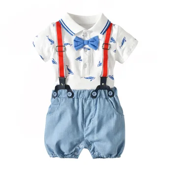 

Boys Clothing Sets 2019 Autumn Toddler Kids Gentleman Clothes Suit Blue Bodysuits+Overalls 2PCS Outfits Sets Child Boys Clothing
