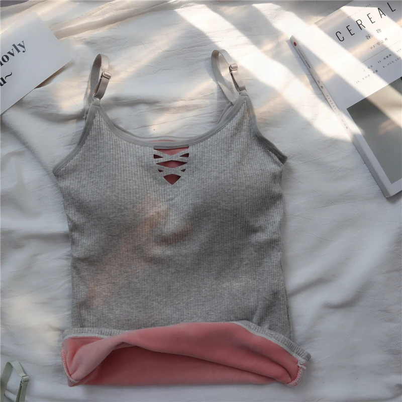 Gray Зимние толстые бархатные топики женские полые толстые пуловеры Camis женский теплый жилет топы с подушечками для девочек - Цвет: Gray