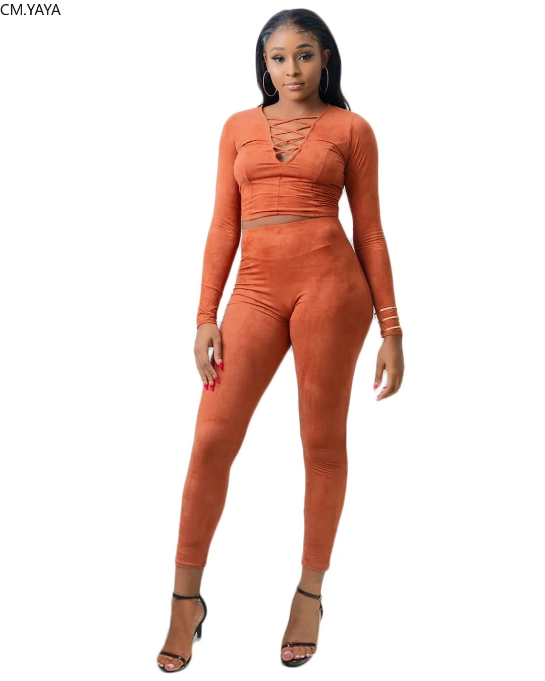 

GL Winter Autumn Women's set Full Sleeve V-Neck Suede Crop Top Pencil Pants suit two piece set Casual tracksuit outfit BN025
