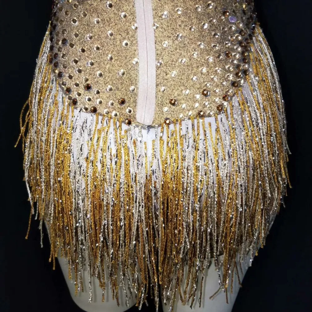 Sexy Gold Rhinestones Tassel Bodysuits Dancer Performance Leotard Elastic Jumpsuit Women Nightclub DJ DS Showgirl Stage Outfits