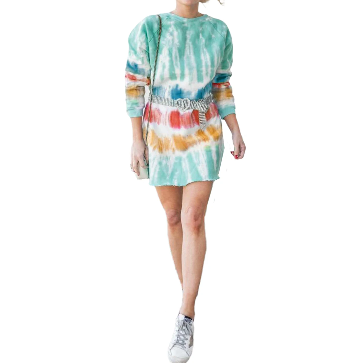 hirigin New Casual Rainbow Tie Dye Print Sweatshirt Dress for Women Long Sleeve O-Neck Mini Dress Female Loose Straight Dress