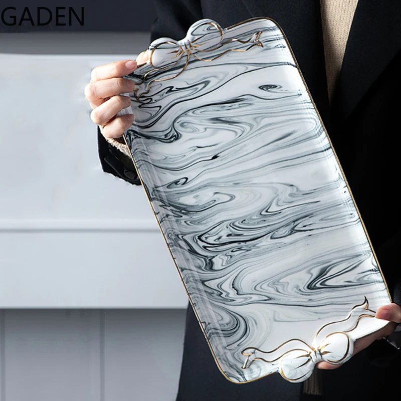 

Керамическая тарелка с фруктами в скандинавском стиле, Квадратная тарелка с бантом, десертная тарелка, поднос для хранения ювелирных изделий, косметики, мрамора, ванной