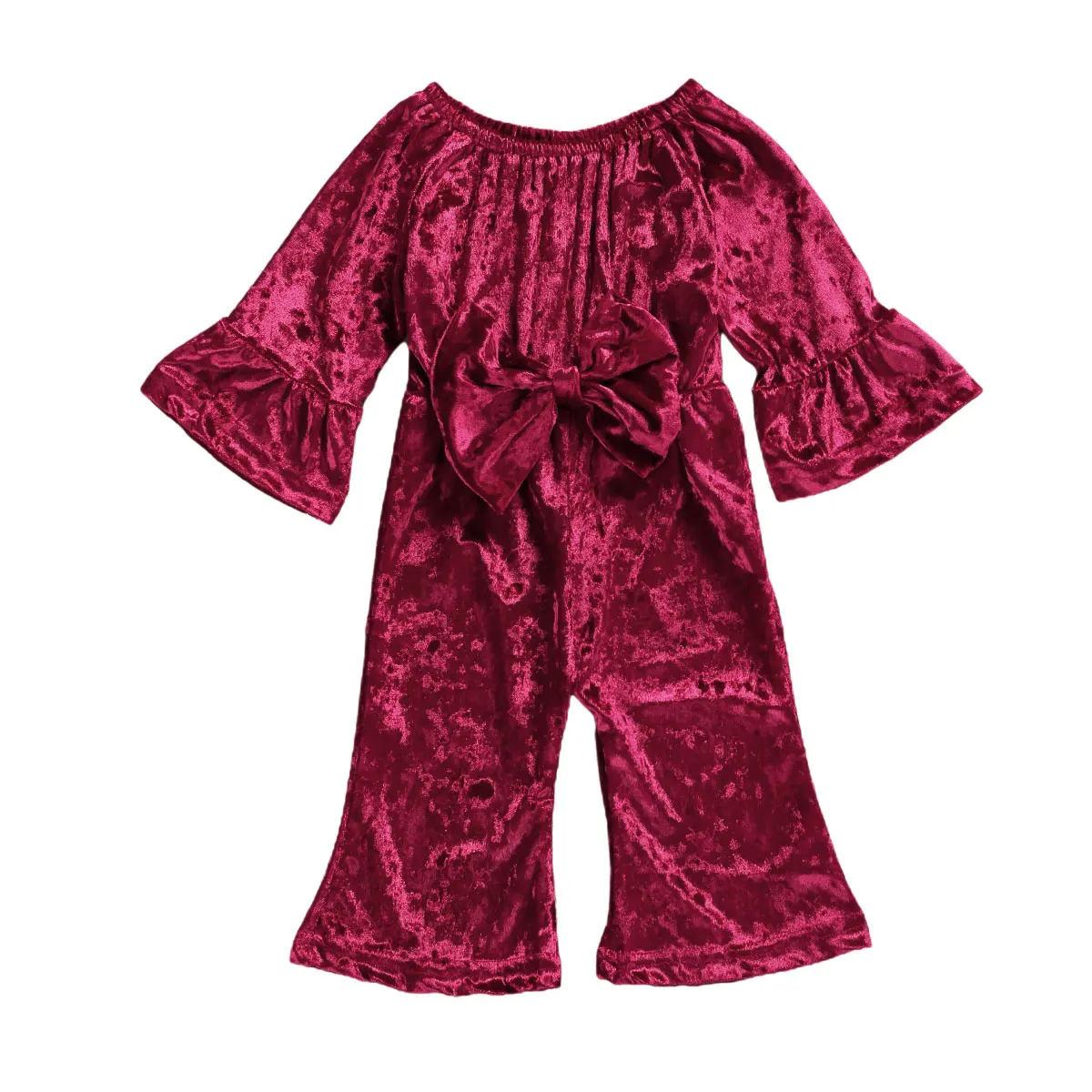 Бархатный комбинезон для маленьких девочек с бантом и открытыми плечами одежда