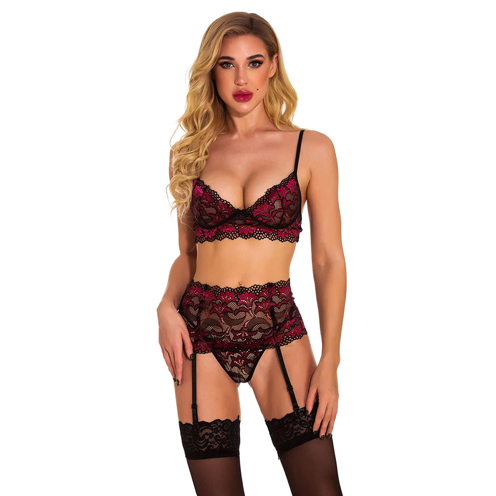 

2020 New 3pcs Set Women Transparent Bra Set + Garter Black Sexy Lingerie Lace Lenceria Plus Size Underwear Sexy Suit