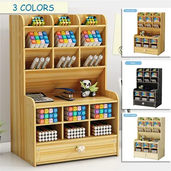 

Bamboo Desk Organizer, Pen Holder with 15 Compartments + Drawer, Pen Organizer for Desk, Desktop Stationery Storage Caddy