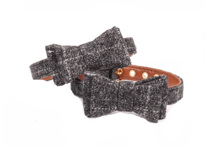 Grey Bow Collar Ошейник для собаки, милый галстук-бабочка, кошка, ожерелье, коричневый цветок, дизайнерский ошейник для питомца, поводок из искусственной кожи, Золотая Пряжка, ошейник на цепочке для питомца - Цвет: Grey Bow Collar