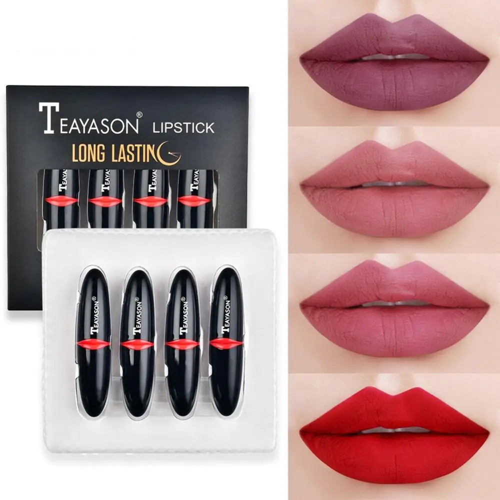 4 шт Lipstic набор для губ, стойкие водостойкие антипригарные чашки, цветные Шелковистые матовые губные помады - Цвет: 01