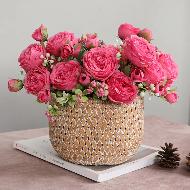 Artificial plants artificial flowers artificial rose petals artificial rose artificial tulip flower artificial flower bouquet artificial flower artificial leaves artificial branches 1pcs/30cm rose pink silk bouquet peony artificial flower 5 big head 4 small bud bride wedding home decoration