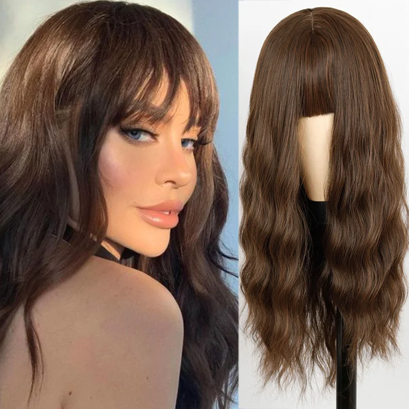 

Long Body Wave Synthetic Wig with Bangs 24 inches Natural Wave Wig For African American Cosplay Daily Heat Resistant Hair