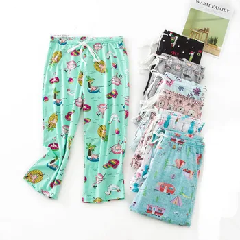 

2020 New Summer Women's Pajama Pants Lounge Home Wear Cartoon Print Elastic Waist Trousers Soft Cotton Plus Size Ladies Bottoms