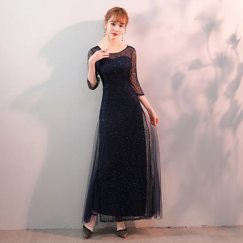 Real shot new ladies sequins round neck party dress fashion ladies temperament banquet high-end atmosphere elegant dress - Color: blue