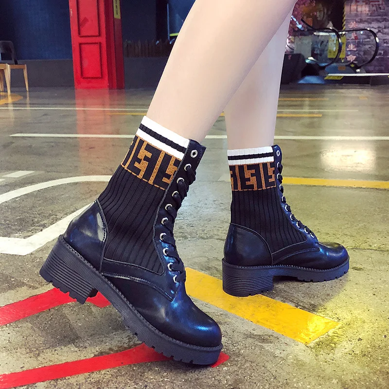 

Women's Autumn And Winter New Style Semi-high Heeled Waterproof Platform Middle Boots Joint Knitted Yarn Lace-up Martin Boots Wa