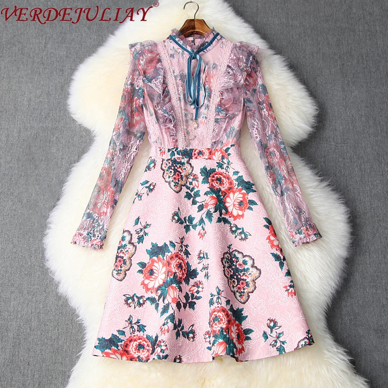 VERDEJULIAY European Vintage Party Dresses A-Line Full Lace Sleeve 2020 Runway Design Stitching Jacquard Floral Print Mini Dress | Женская