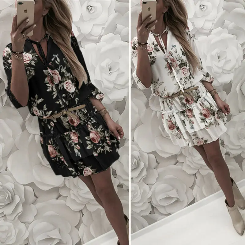Women Mini Boho Floral Print Summer Beach Dress Half Sleeve V-neck Ruffle bohemian beach dress Ladies 2020 Casual style Vestito Women Mini Boho Floral Print Summer Beach Dress Half Sleeve V-neck Ruffle bohemian beach dress Ladies 2020 Casual style Vestito