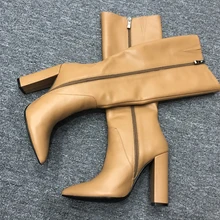 Сапоги до колена женские пикантные зимние сапоги из искусственной кожи с острым носком на высоком блочном каблуке Модные уличный стиль на молнии под вечернее платье винно-красного цвета