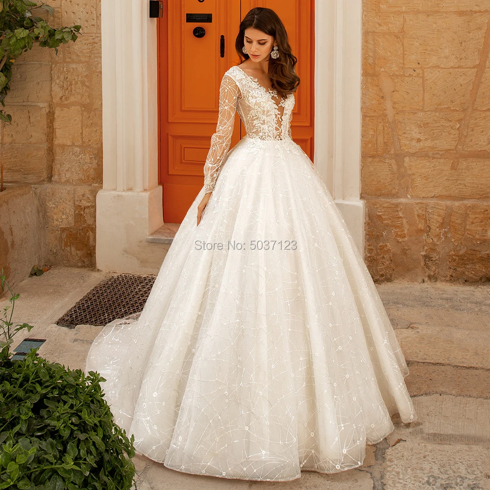 

Long Sleeves Ball Gown Wedding Dresses Deep V Neck Lace Appliques Vestido De Noiva Wedding Bridal Gowns Court Train Open Back