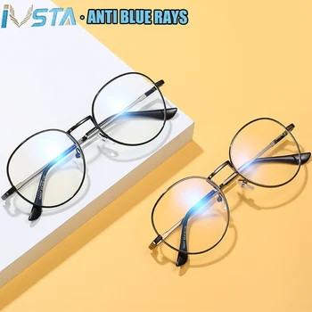 

IVSTA Anti Blue Light Glasses Men Round Computer Glasses Myopia Women Gaming Round Metal Prescription Optical Spectacle Frame