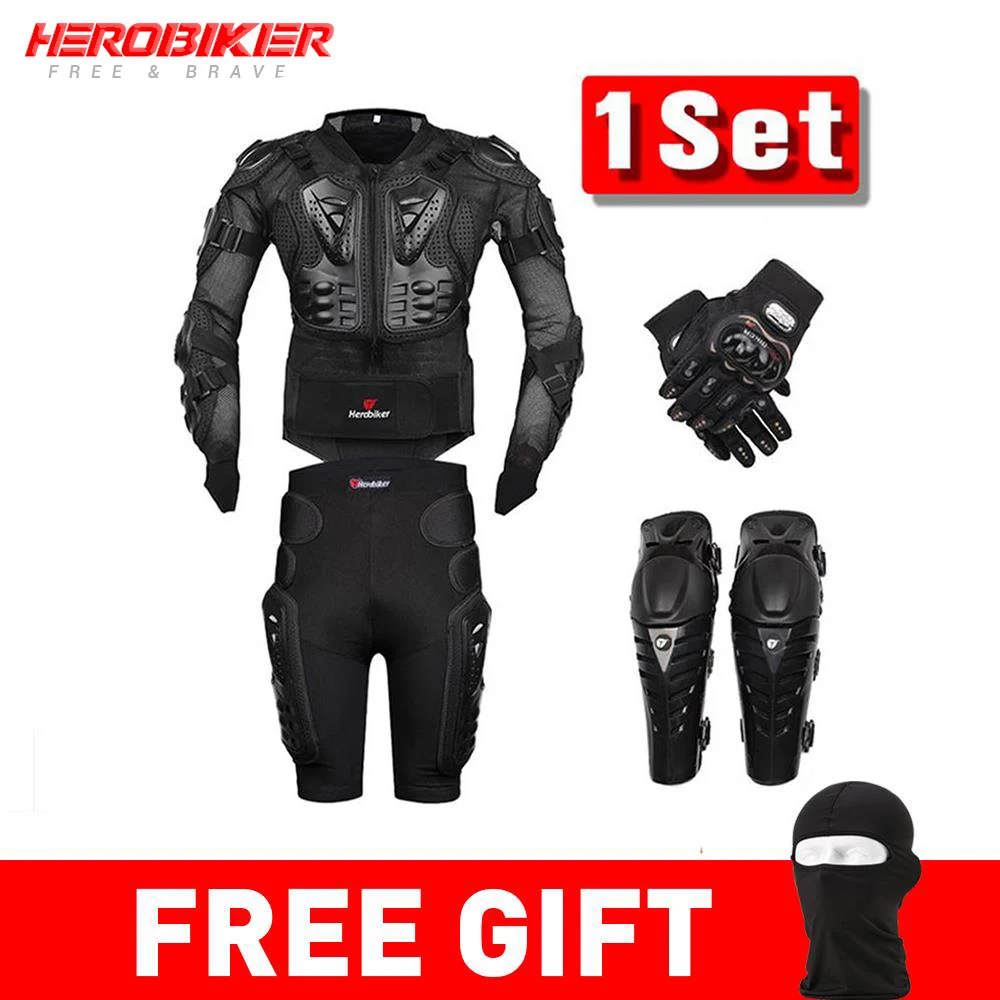 HEROBIKER, мото, мотокросса, мотокросса, бронежилет, защитное снаряжение, Мото куртка+ шорты, штаны+ защитные наколенники+ перчатки, защита - Цвет: Black Set A