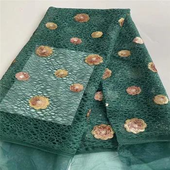 

green/gold High Quality African Sequins Lace Fabric French Net Embroidery Tulle Lace Fabric For Nigerian Wedding Party Dress