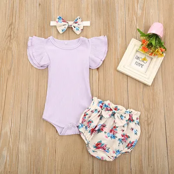 

NEW Toddler Kids Baby Girls Solid Fly Sleeve Tops +Floral Bow Shorts +Headbands Set 2020 summer baby girls clothes
