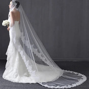 

2020 Long Wedding Veil Sequins Beaded One Layer 3*1.5M Lace Edge Bridal Veil Cathedral With Comb