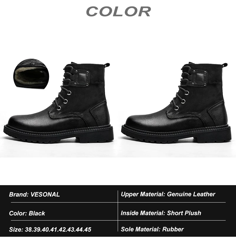 VESONAL Brand Quality Leather Chelsea Boots Winter New Warm Short Plush Shoes For Male Adult Man Casual Boots High Top Shoes