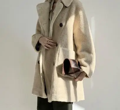 Winter Warm Real Sheep Wool Fleece Sheep Coats Double Breasted Woolen Women Oversize Pink Overcoat Ladies Korean Coat Outerwear - Цвет: see picture