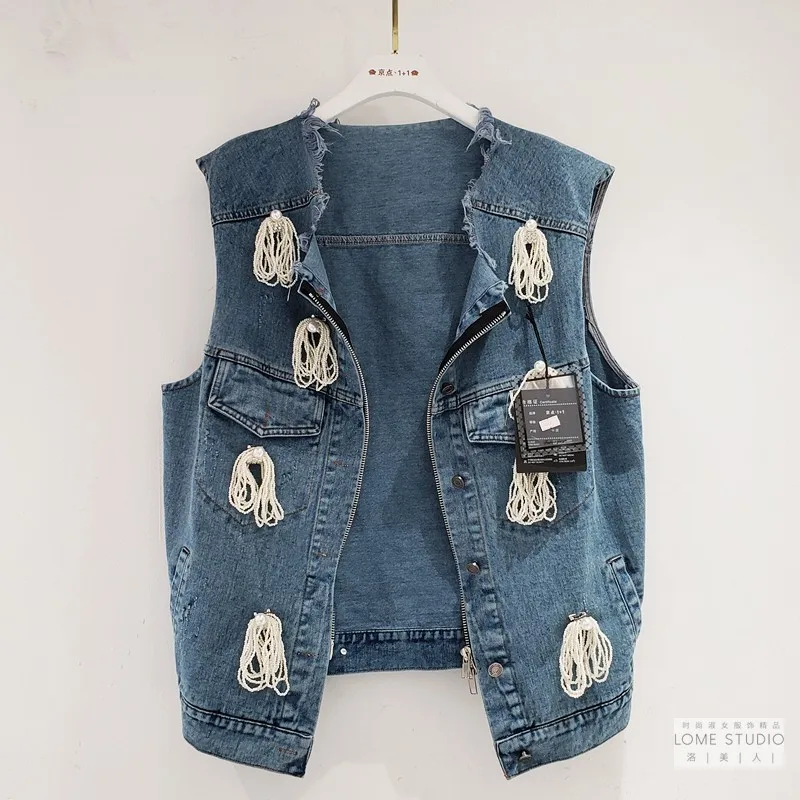 

Blue Denim Vest Coat for Women New European Harajuku Fashion Beaded Three-dimensional Decoration Loose Denim Waistcoat Vest