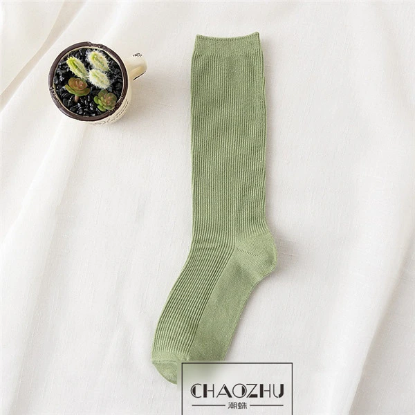 CHAOZHU/высокие носки для девочек в японском и корейском стиле; свободные однотонные носки с двойными спицами; длинные хлопковые носки для женщин - Цвет: grass