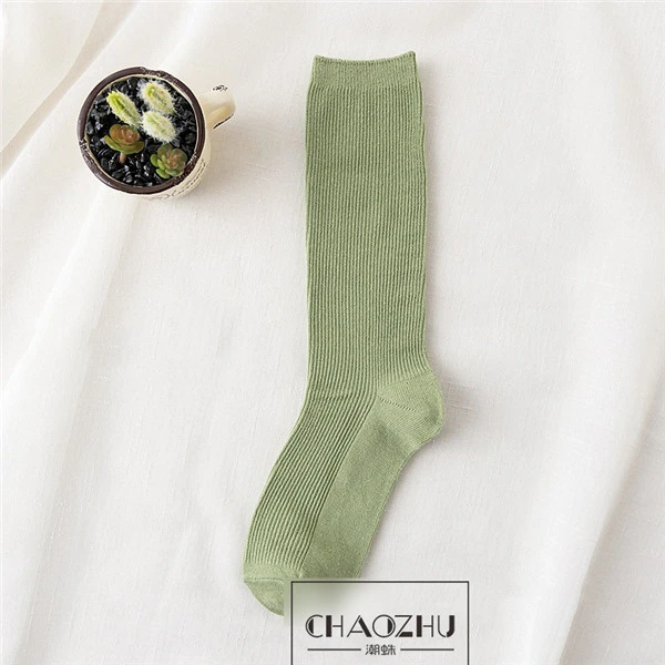 grass CHAOZHU/высокие носки для девочек в японском и корейском стиле; свободные однотонные носки с двойными спицами; длинные хлопковые носки для женщин - Цвет: grass
