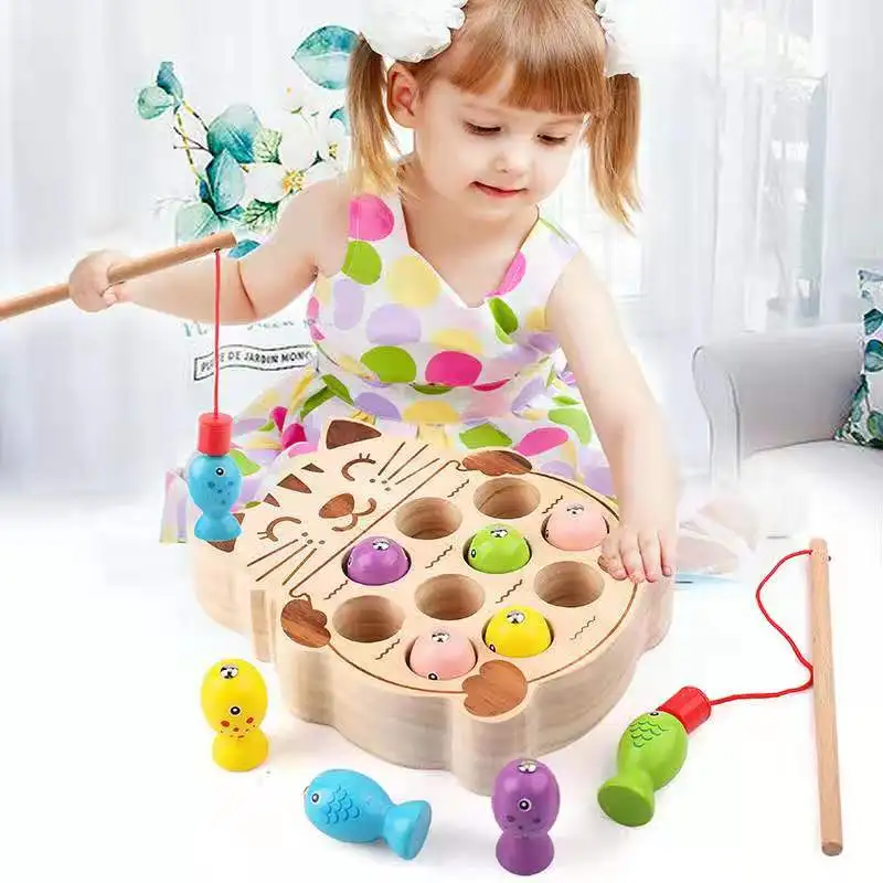 Early Learning Wooden Toy 43pc Set Educational Magnetic Baby Pond Fishing Game 