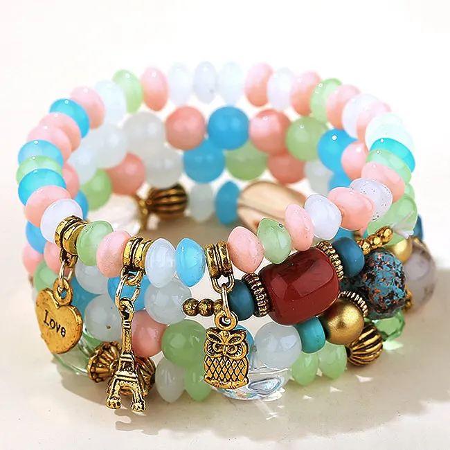 Kymyad Candy Color Multilayer Bohemia Bracelets Resin Beads Stone Bracelets For Women Bijoux Owl Charm Bracelet Femme Jewelry