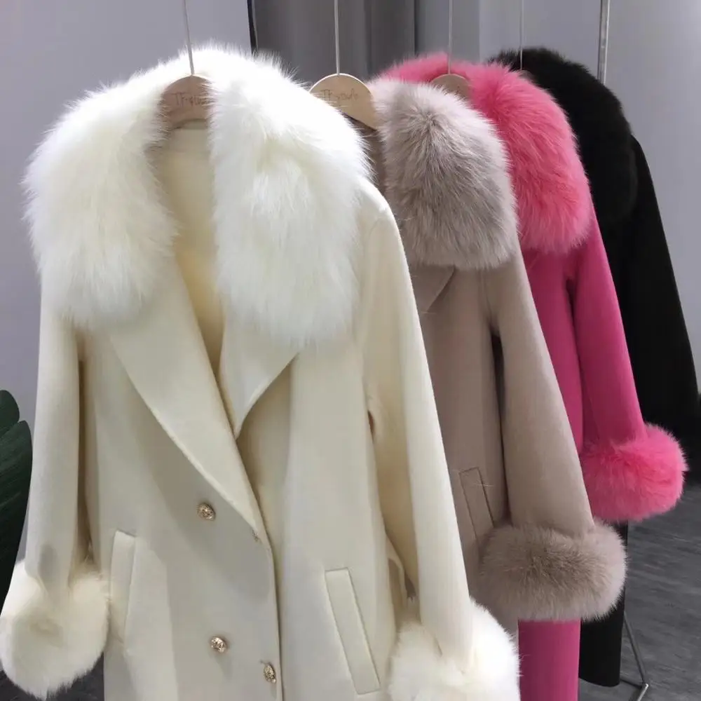 Женское пальто с натуральным мехом лисы, Воротник из кашемира и шерсти, верхняя одежда для девушек, тонкая парка, Длинная зимняя куртка