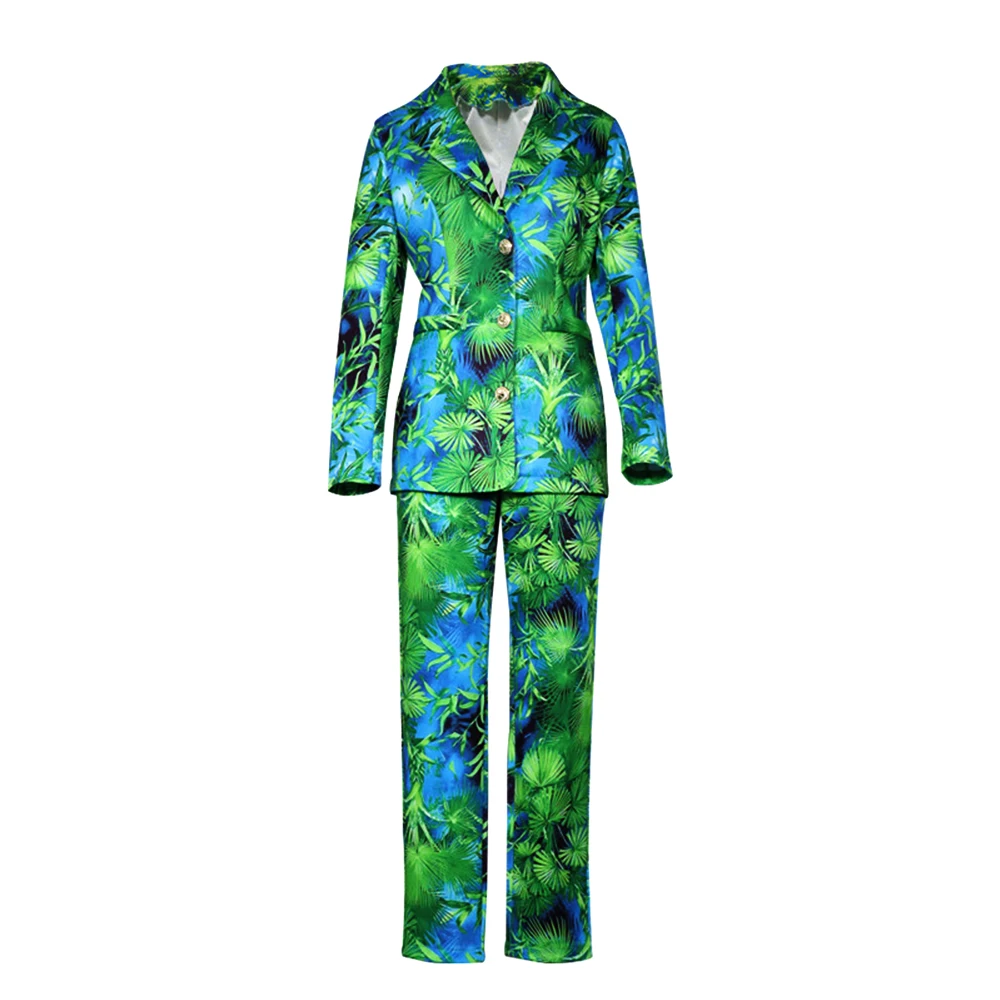 Fashion Autumn Winter Women Pant Suit Green Print Single Breasted Blazer Jacket & Pant 2020 Office Two Piece Set Blazer Suit