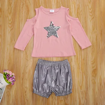 

Baby Girls Long Sleeve Off Shoulder Pullover Star Print Knit Top Shorts Fashion Toddler Suits
