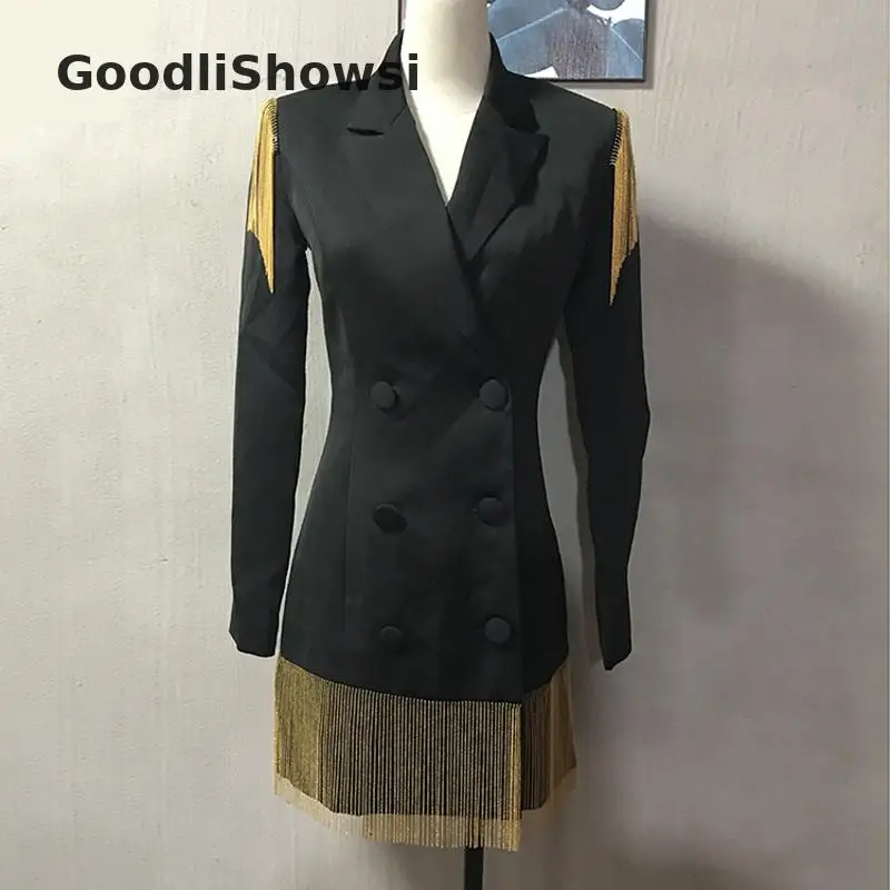 GoodliShowsi, Новое поступление, высокая уличная мода, Женский блейзер, платье с зубчатым отворотом, с кисточками, дизайн, двубортный, официальные платья