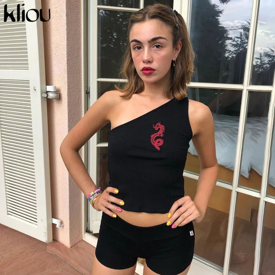 Kliou, женская сексуальная черная крутая майка на одно плечо, майка без рукавов с вышивкой дракона, Пляжная укороченная майка