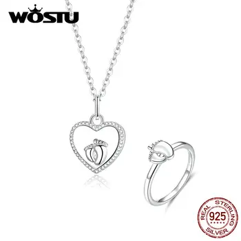 

WOSTU 925 Sterling Silver Cute Foot Lice Necklace & Rings Jewelry Set Hot Fashion Jewelry For Women Wedding Engagment Gift